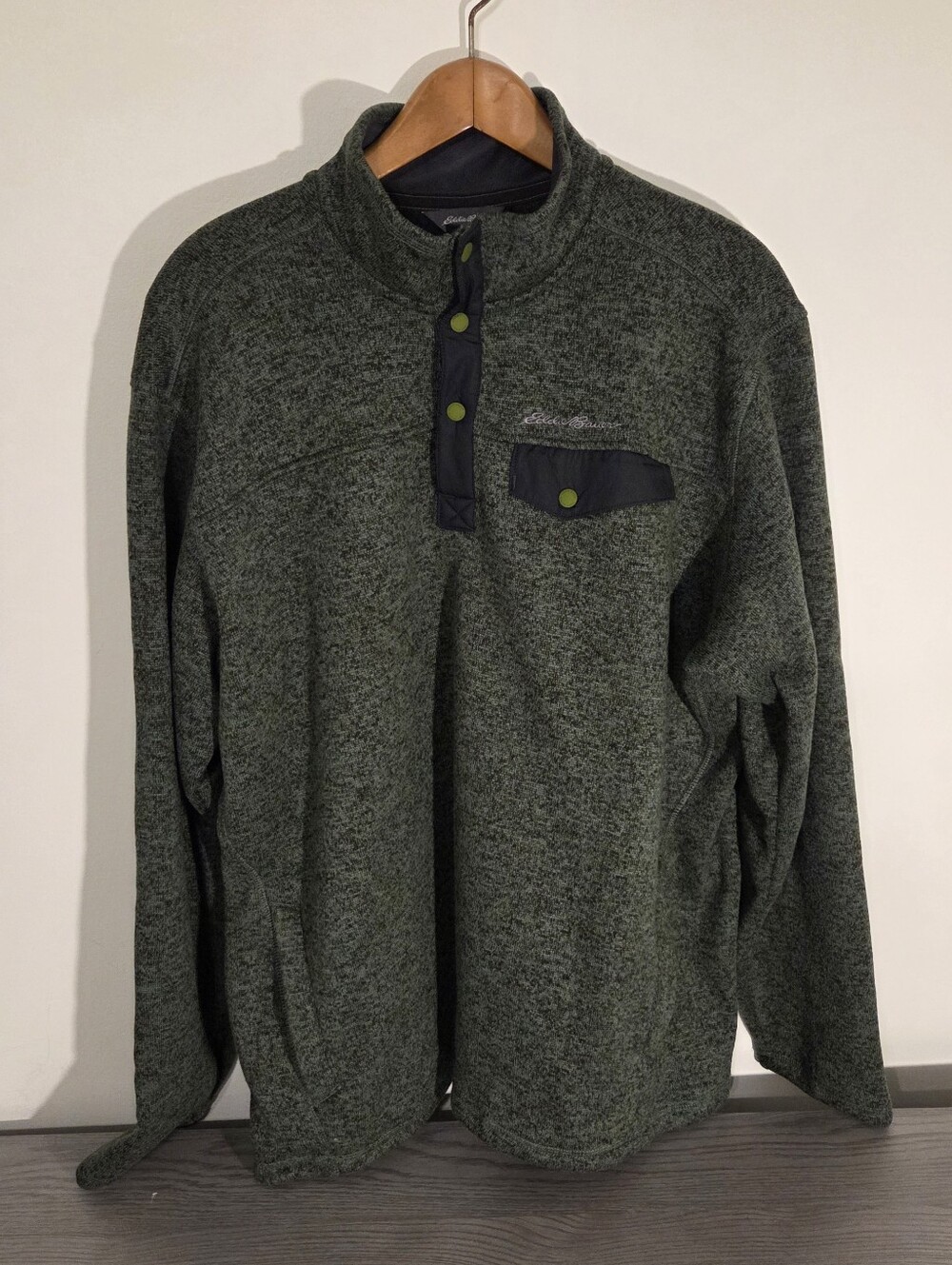 Eddie Bauer Mens XLT Green Heather Fleece Pullover Quarter Snap Jacket Pocket